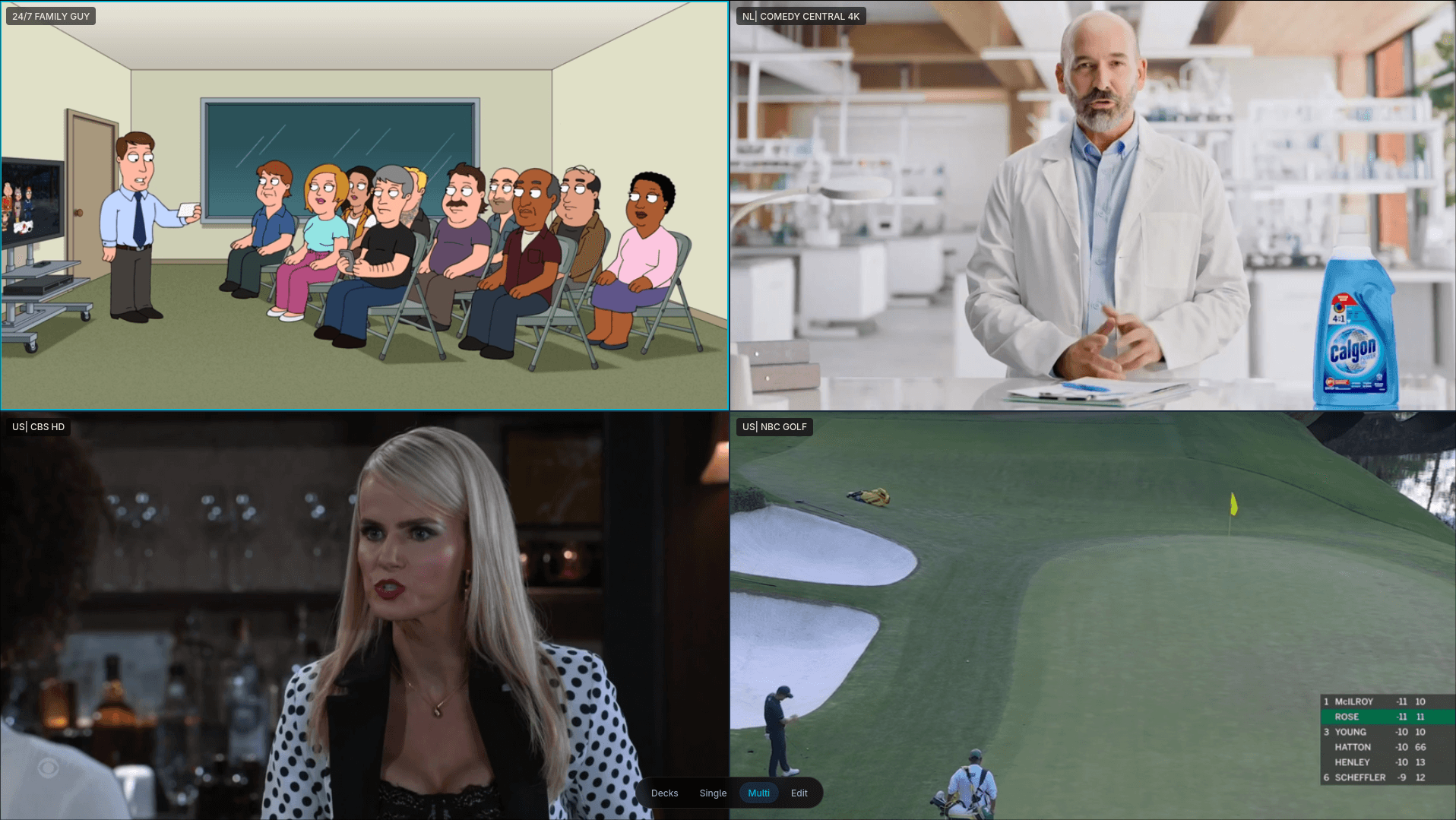 Foundry IPTV multiview - 4 live channels streaming simultaneously